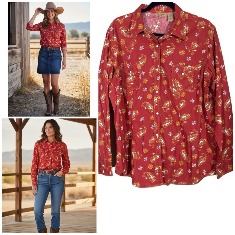 Wrangler shirt Women's XL red yellow white paisley snap western stretch pocket